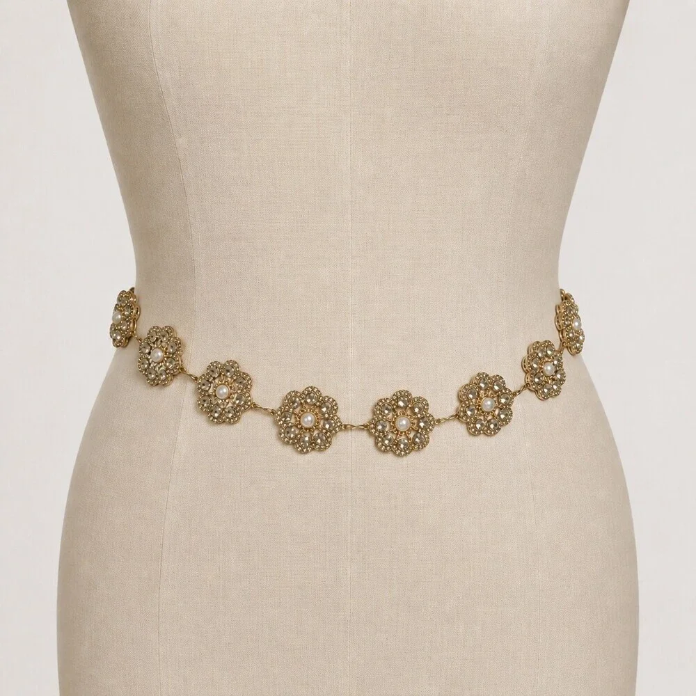 Vintage Crystal Rhinestone Flower Chain Belt Women Gold Bridal Sparkle